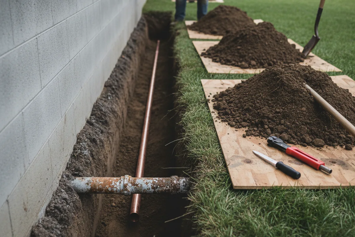 Excavated water line trench during Sewer Line Repair in Little Falls